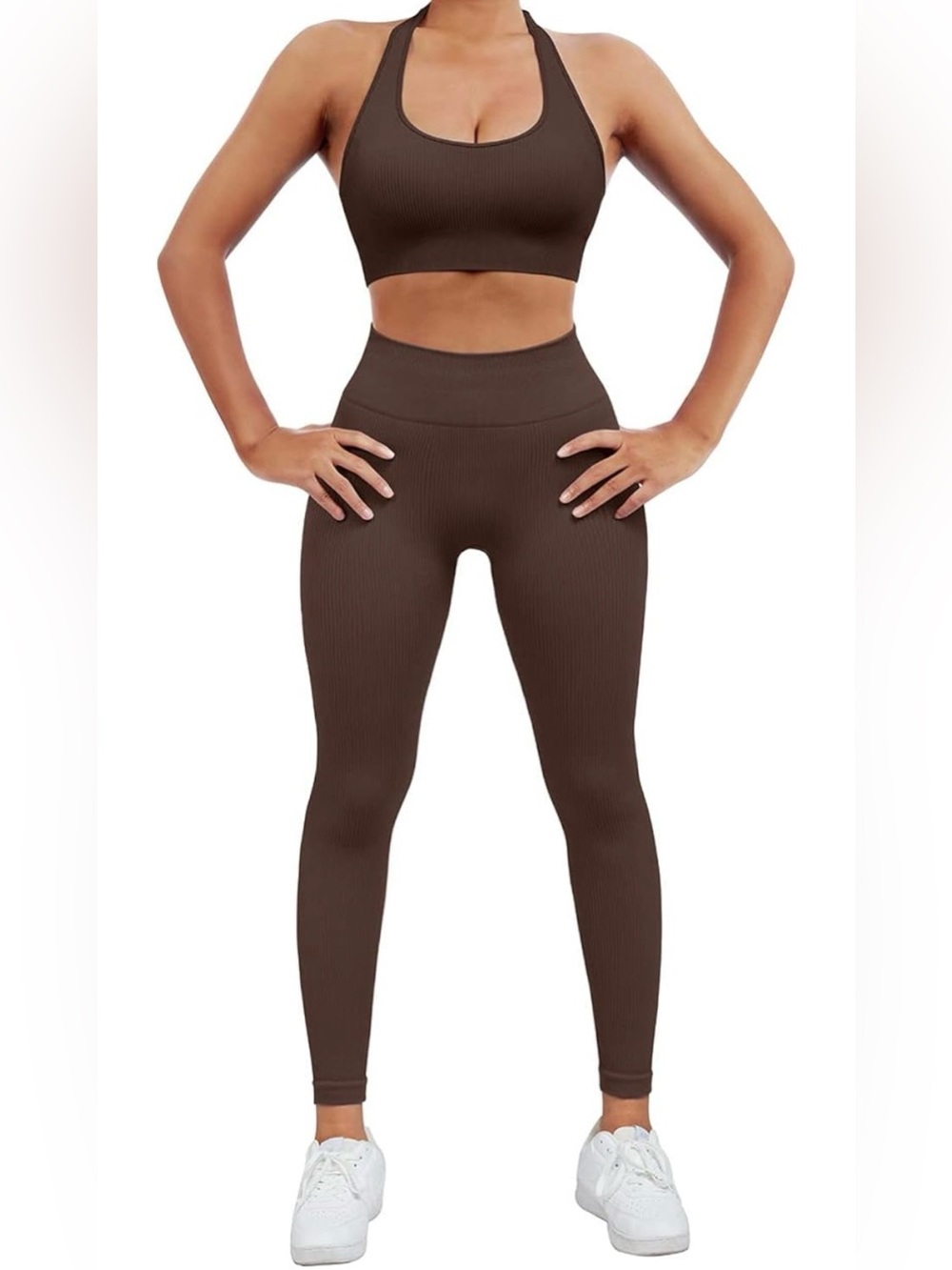 Ribbed High-Waist Butt-Scrunching Leggings with matching Halter Sports Bra-Brown